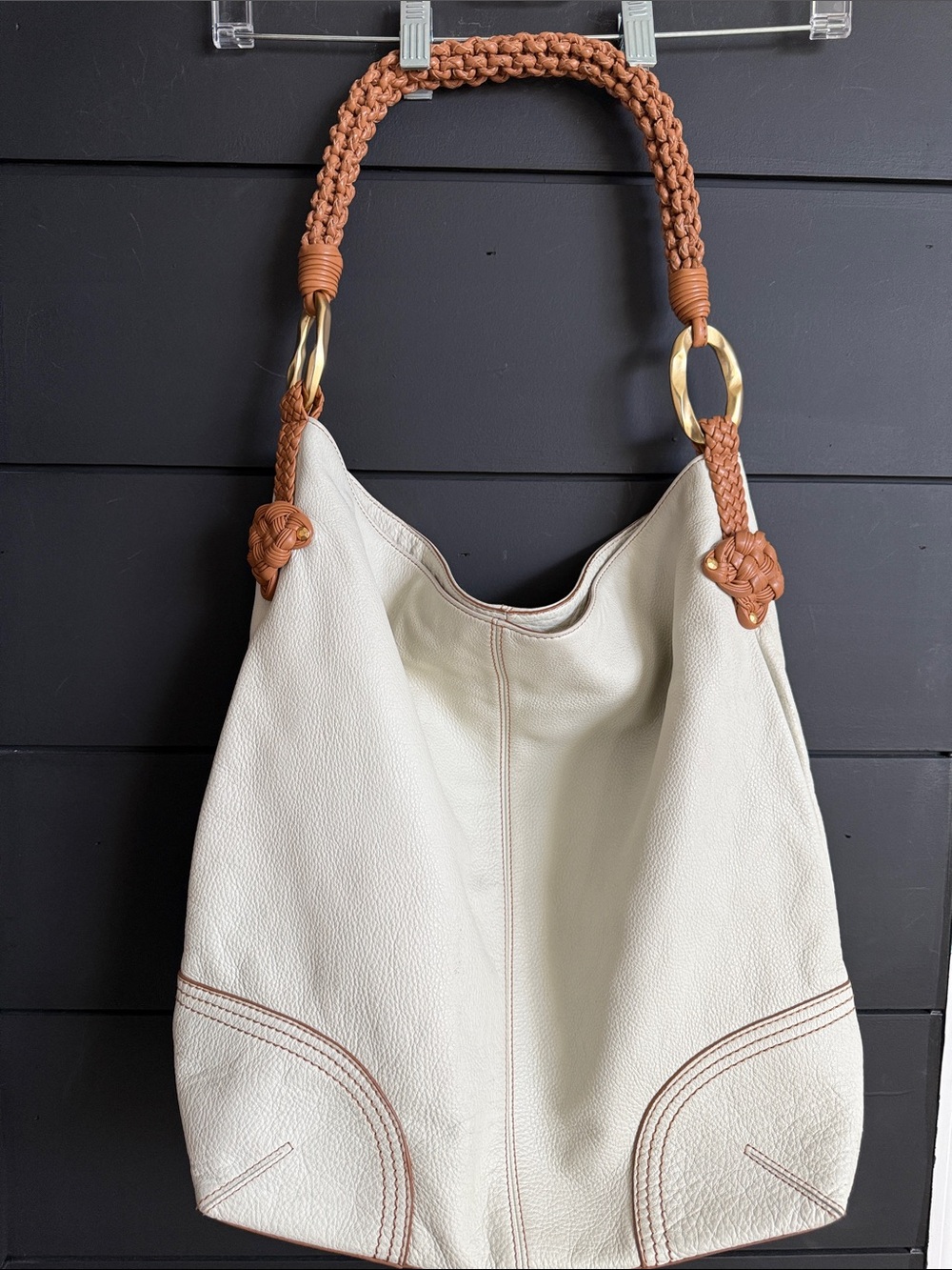 Sigrid Olsen Boho Cream Leather Hobo with Tan Braided Strap